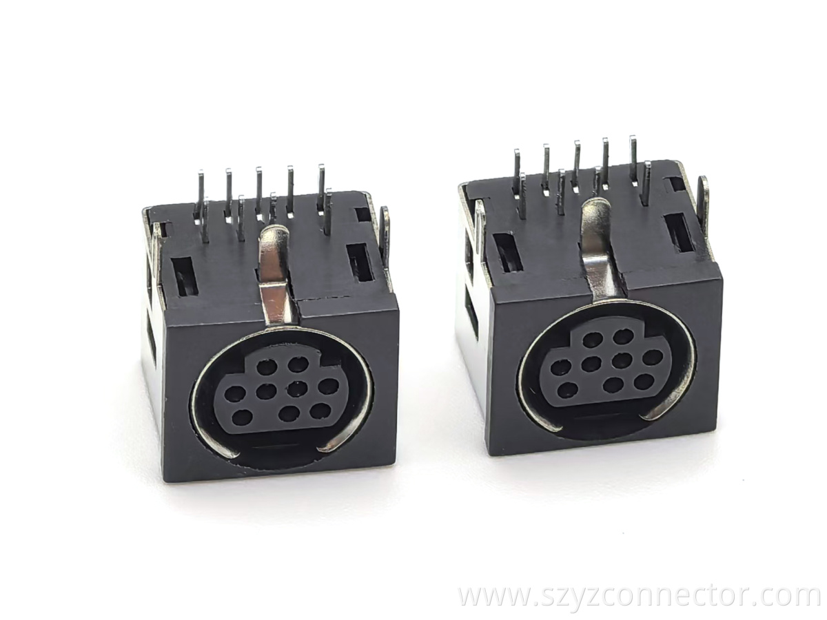 MINI DIN Connector Female Socket 90 Degree DIP Single Layer Copper Shell Nickel Plated Black 9P MINI DIN Connector Female Socket 90 Degree DIP Single Layer Copper Shell Nickel Plated Black 9P